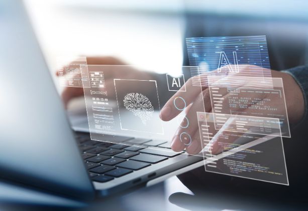 AI Artificial Intelligence. Business man using AI technology for data analysis, coding computer language with digital brain, machine learning on virtual screen, business intelligence, vector search in ai applications